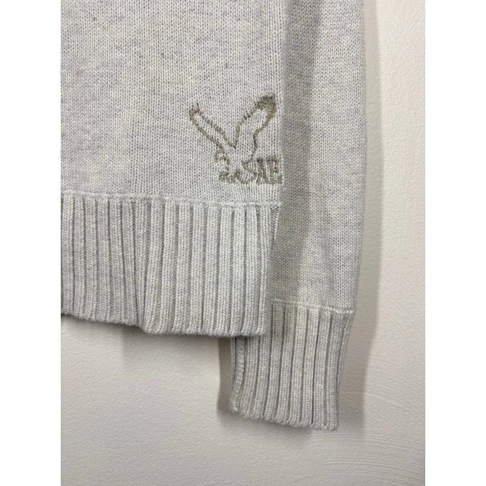 American Eagle Mens Quarter Zip Sweater M Grey Cream Knit Preppy Old Money